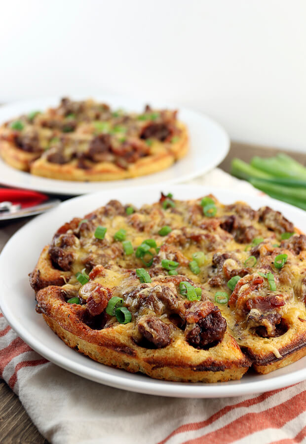 A decadent dinner for any occasion: BBQ Bacon Cheeseburger Waffles. It's a meal the whole family can enjoy! Shared via //www.ruled.me/