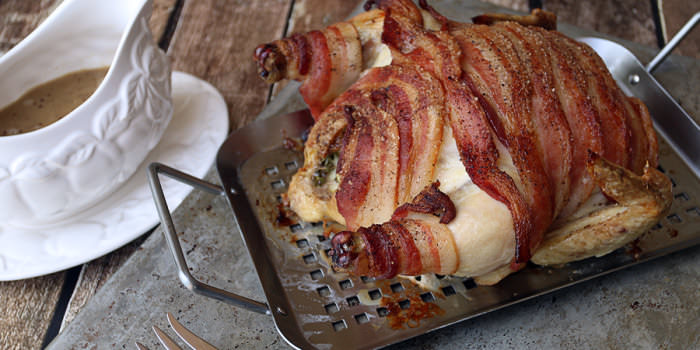 Bacon Roasted Chicken with Pan Gravy