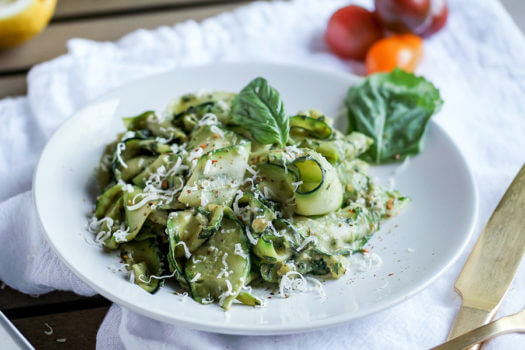 Click to see the recipe for Zucchini Ribbons with Avocado Walnut Pesto