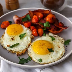 Over-medium eggs on a plate with roasted tomatoes and bacon.