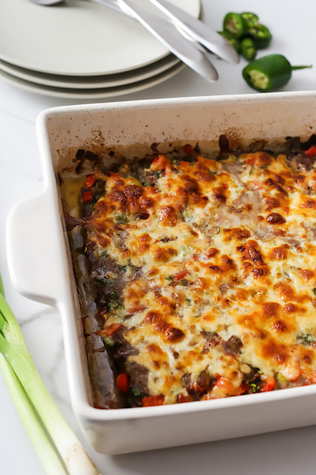 Browned tex mex casserole.