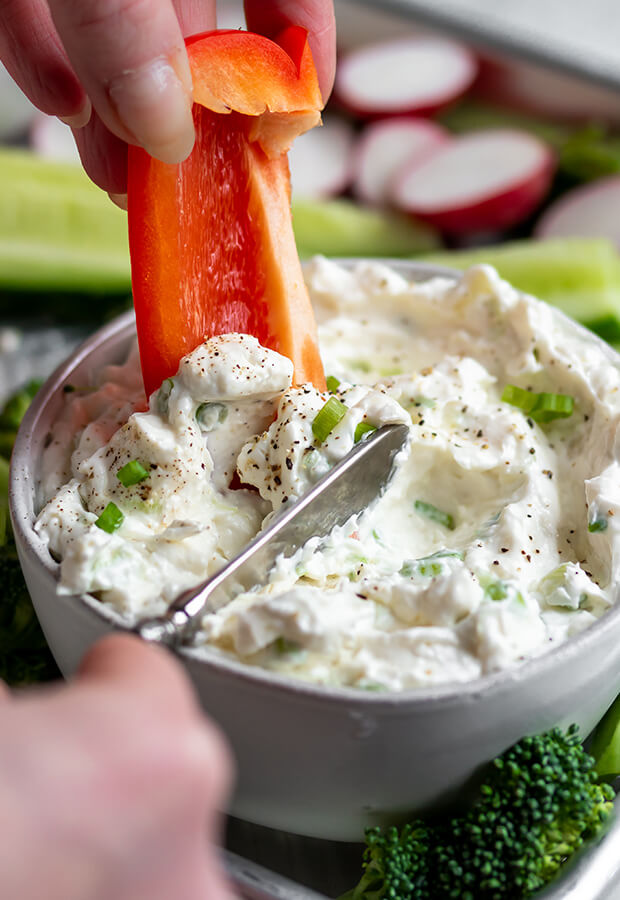 Creamy green onion dip. Great served with bell pepper strips!