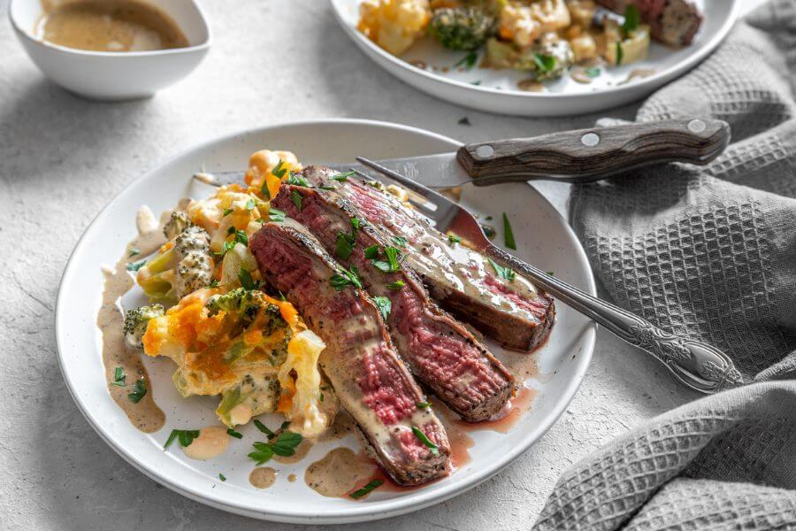 Flank Steak with Gratin and Pepper Sauce