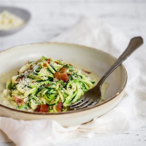 Alfredo Zoodles with Bacon Featured