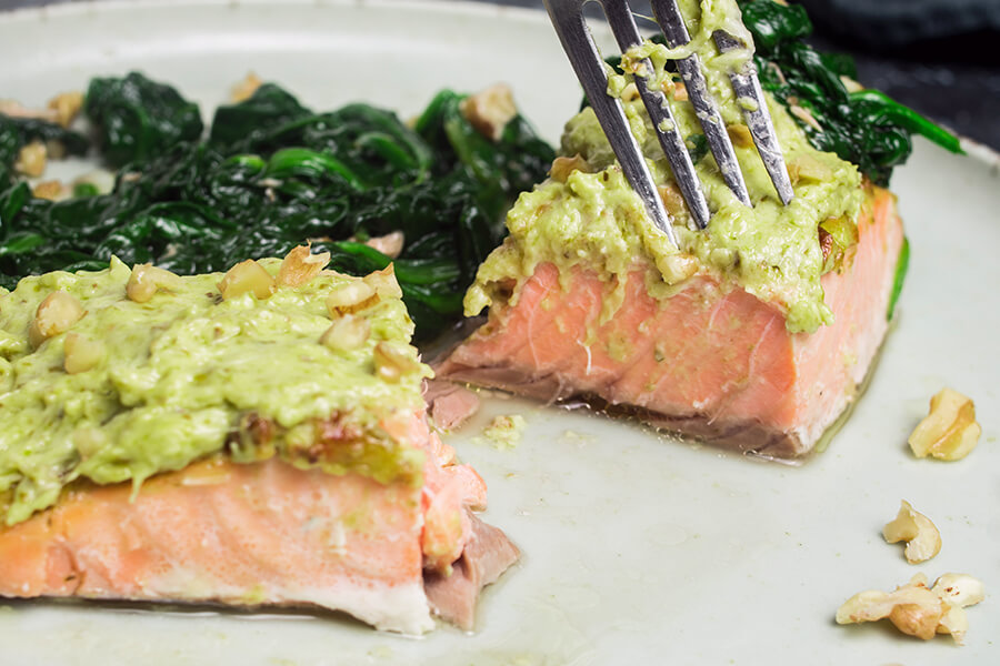 Pesto Salmon with Wilted Greens